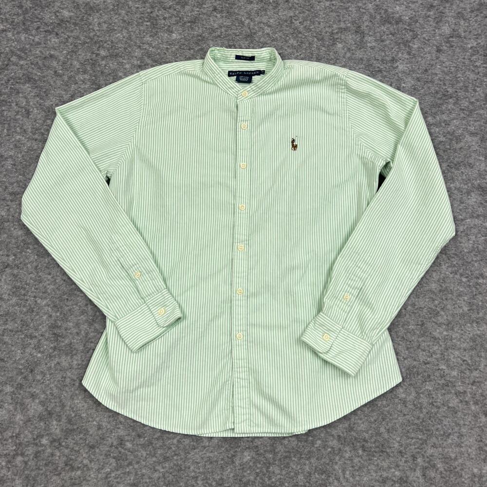 Ralph Lauren Shirt Womens 12 Green Stripe Slim Button Up Band Collar Preppy Pony